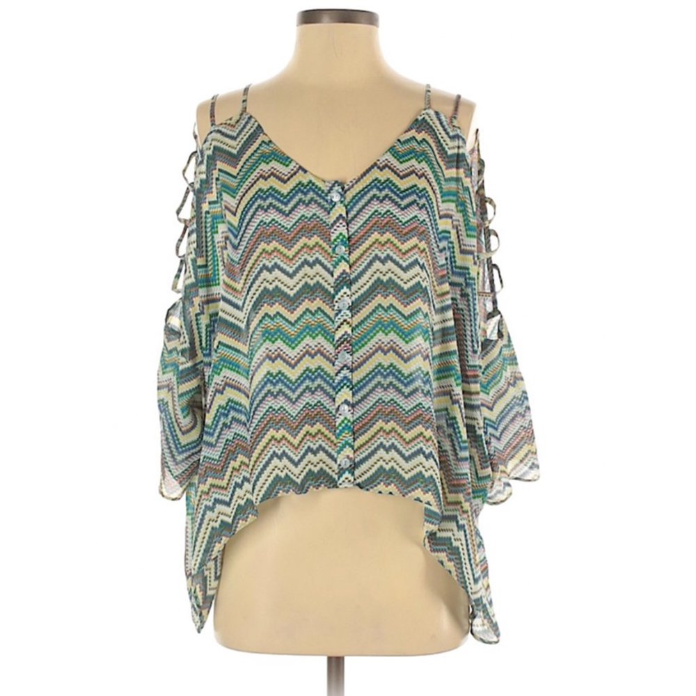 Parker silk teal chevron exposed shoulder blouse